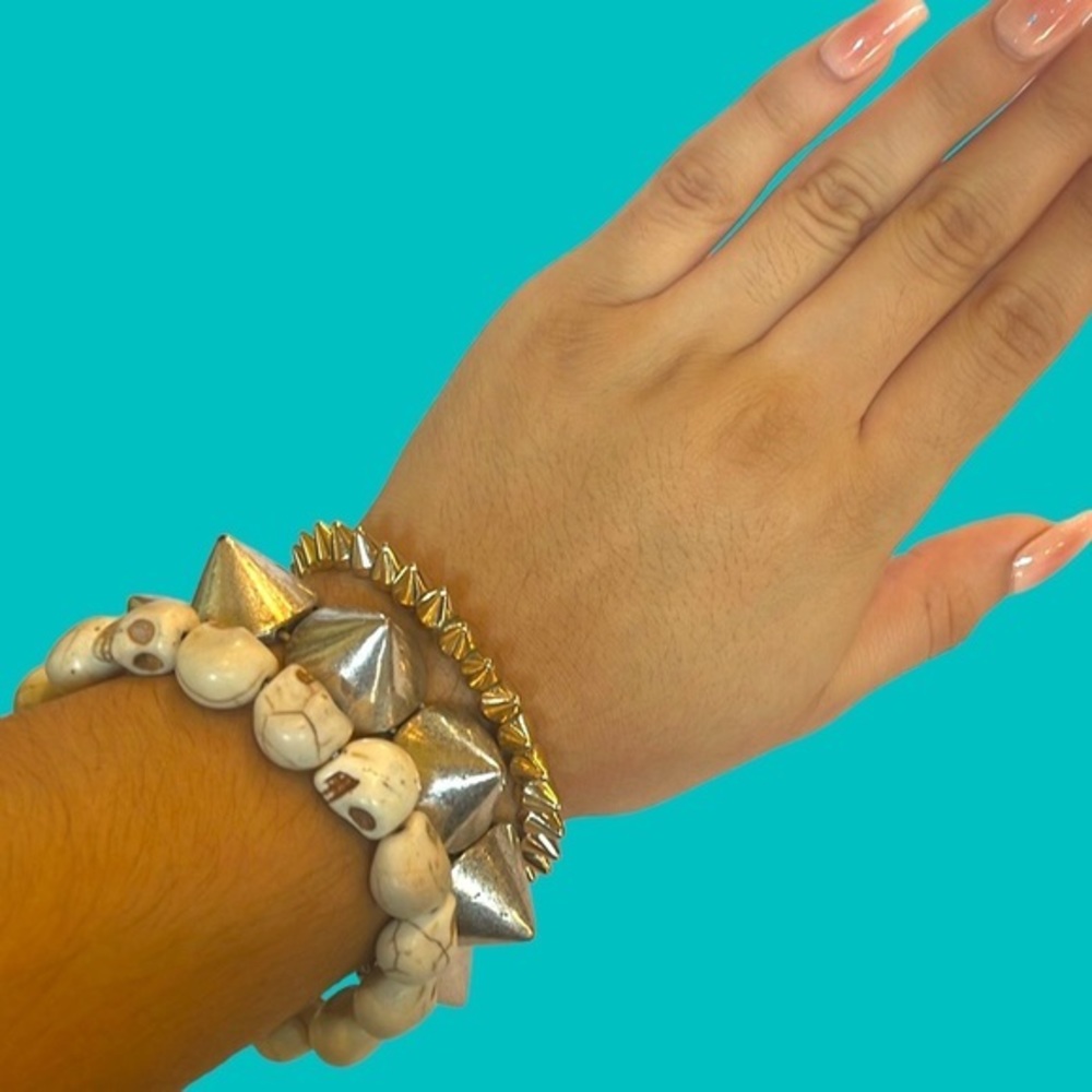 ROCKER SET OF 3 BUNDLE‎ SKULL BRACELET 2 SILVER SPIKE BRACELETS